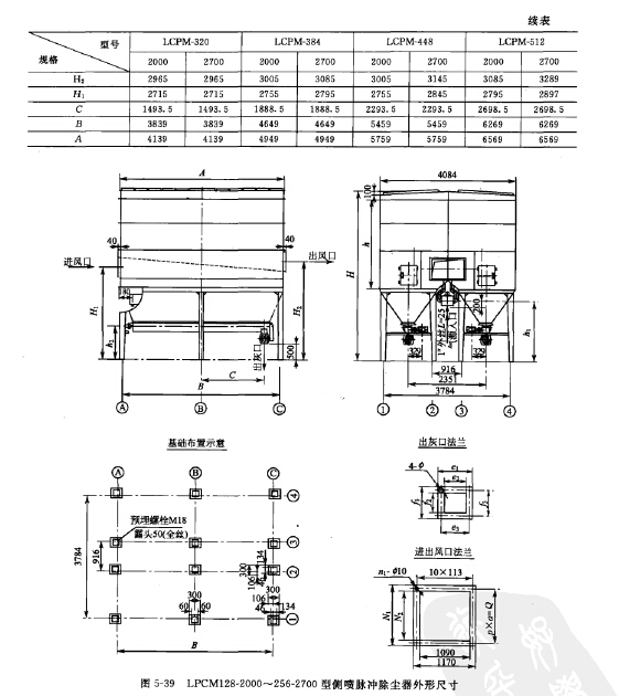 LPCM128-2000~256-2700型側噴脈（mò）衝除塵器外形尺寸