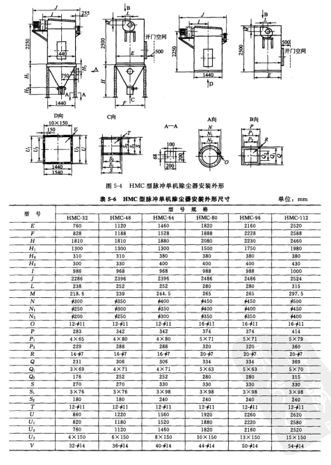 HMC型脈衝單機除塵器安裝外形